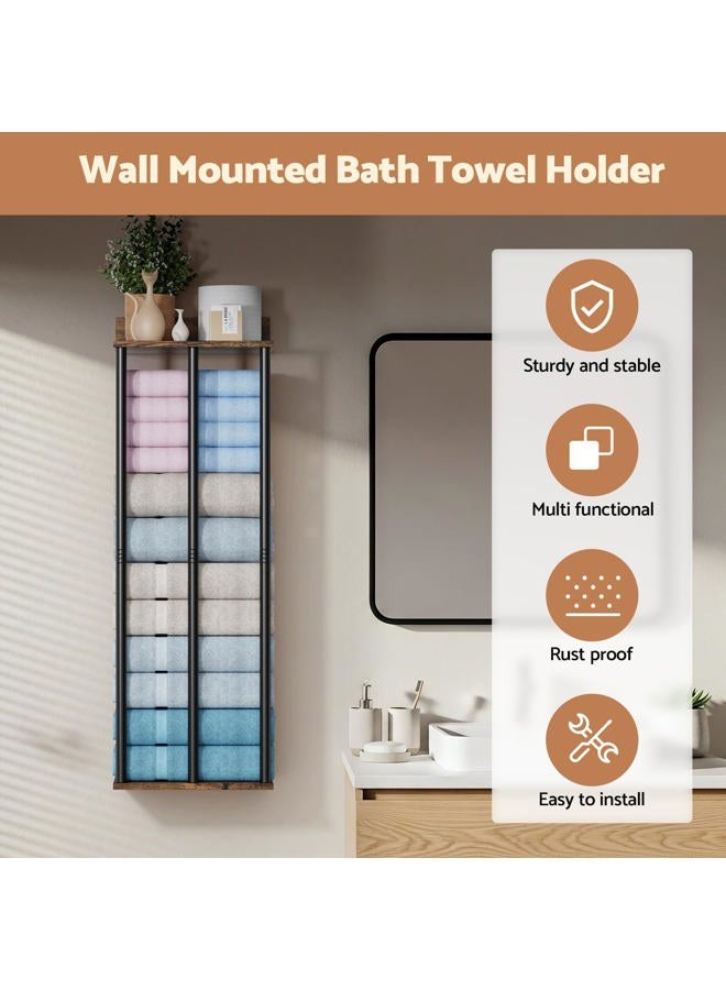 WHEARTED Towel Racks for Bathroom Wall Mounted, Upgraded Bathroom Towel Holder Bath Storage Rack for Rolled Towels, Small Towels, Rustic Towel Organizer Rack with Shelf - Image 2