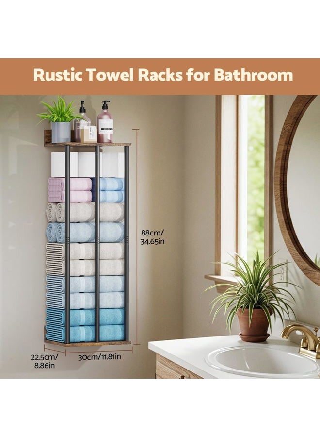 WHEARTED Towel Racks for Bathroom Wall Mounted, Upgraded Bathroom Towel Holder Bath Storage Rack for Rolled Towels, Small Towels, Rustic Towel Organizer Rack with Shelf - Image 3