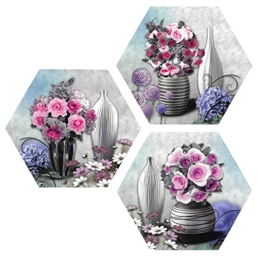 Indianara Set of 3 Pink and Red Roses in the Pot Hexagon Pieces MDF Painting (3605HEX) without glass (17 inch x 17 inch) - Image 1