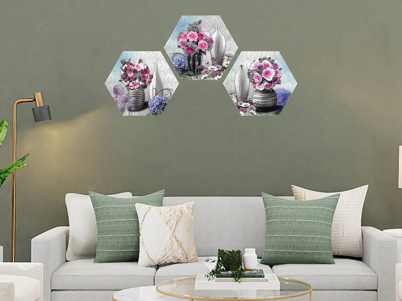 Indianara Set of 3 Pink and Red Roses in the Pot Hexagon Pieces MDF Painting (3605HEX) without glass (17 inch x 17 inch) - Image 3