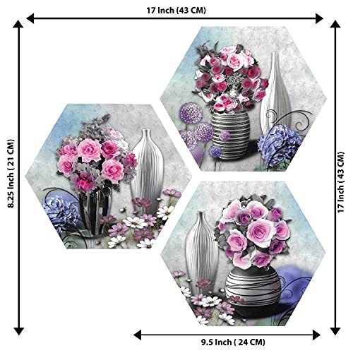 Indianara Set of 3 Pink and Red Roses in the Pot Hexagon Pieces MDF Painting (3605HEX) without glass (17 inch x 17 inch) - Image 2