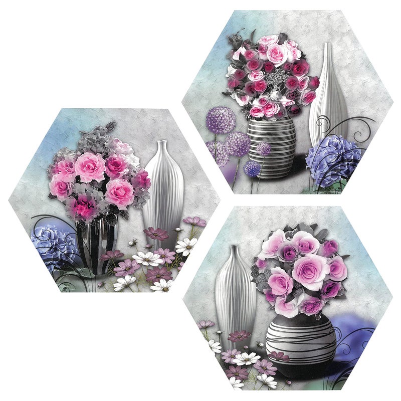 Indianara Set of 3 Pink and Red Roses in the Pot Hexagon Pieces MDF Painting (3605HEX) without glass (17 inch x 17 inch) - Image 5