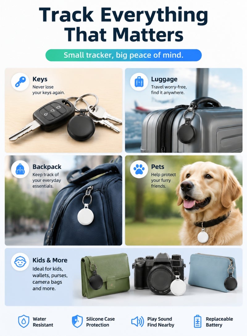 اوليو جهاز تتبع العناصر المتوافقة مع Apple Find My، وجهاز تحديد موقع المفاتيح والأمتعة مع غطاء حماية من السيليكون - جهاز تتبع بلوتوث مقاوم للماء للمفاتيح والحقائب والحيوانات الأليفة (عبوة من قطعتين: أسود وأبيض) - Image 3