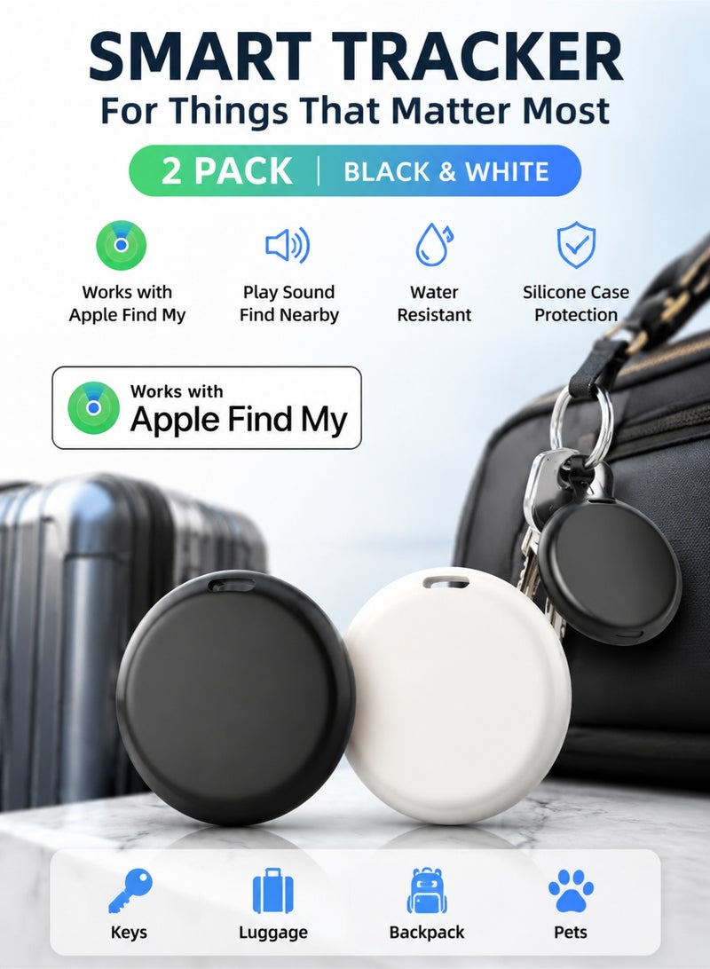 اوليو جهاز تتبع العناصر المتوافقة مع Apple Find My، وجهاز تحديد موقع المفاتيح والأمتعة مع غطاء حماية من السيليكون - جهاز تتبع بلوتوث مقاوم للماء للمفاتيح والحقائب والحيوانات الأليفة (عبوة من قطعتين: أسود وأبيض) - Image 1