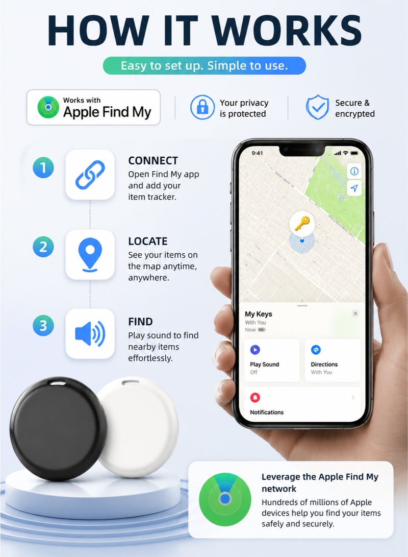 اوليو جهاز تتبع العناصر المتوافقة مع Apple Find My، وجهاز تحديد موقع المفاتيح والأمتعة مع غطاء حماية من السيليكون - جهاز تتبع بلوتوث مقاوم للماء للمفاتيح والحقائب والحيوانات الأليفة (عبوة من قطعتين: أسود وأبيض) - Image 2