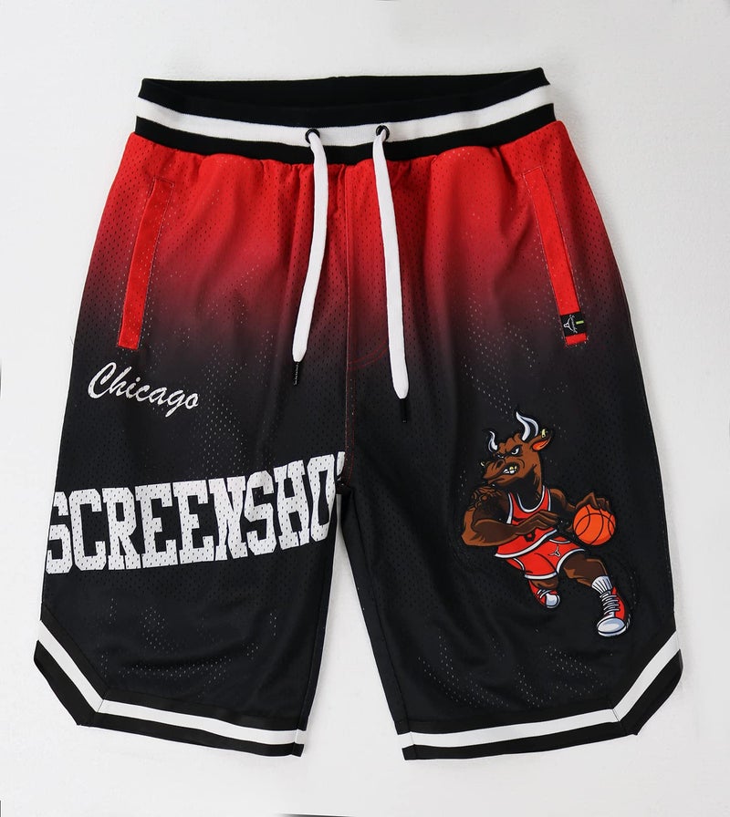 SCREENSHOT-SS11214 Mens Premium Hip-Hop Urban Sreetwear Fashion Basketball Mesh Shorts - Animation Bull Player Character Sports Team Colored 11" Inseam Jersey Shorts-Black/Red-XLarge - Image 3