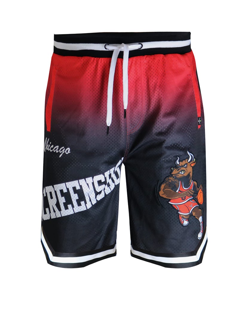 SCREENSHOT-SS11214 Mens Premium Hip-Hop Urban Sreetwear Fashion Basketball Mesh Shorts - Animation Bull Player Character Sports Team Colored 11" Inseam Jersey Shorts-Black/Red-XLarge - Image 1
