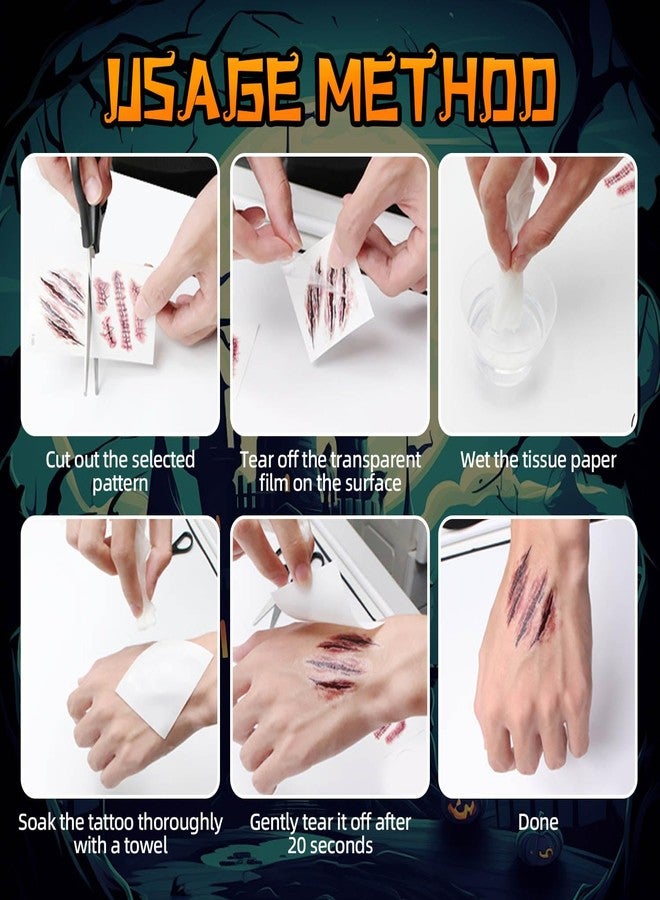 YouNuo 20 Sheets Halloween Temporary Tattoos, Horror Stitch Scar Scab Zombie Makeup Tattoos Stickers, Realistic Bloody Fake Wound for Chucky Costume Party, Women & Men, Waterproof - Image 4