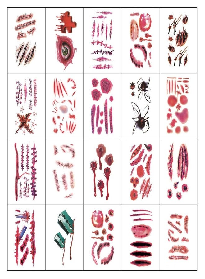 YouNuo 20 Sheets Halloween Temporary Tattoos, Horror Stitch Scar Scab Zombie Makeup Tattoos Stickers, Realistic Bloody Fake Wound for Chucky Costume Party, Women & Men, Waterproof - Image 1