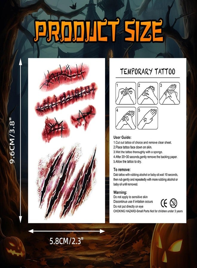 YouNuo 20 Sheets Halloween Temporary Tattoos, Horror Stitch Scar Scab Zombie Makeup Tattoos Stickers, Realistic Bloody Fake Wound for Chucky Costume Party, Women & Men, Waterproof - Image 2