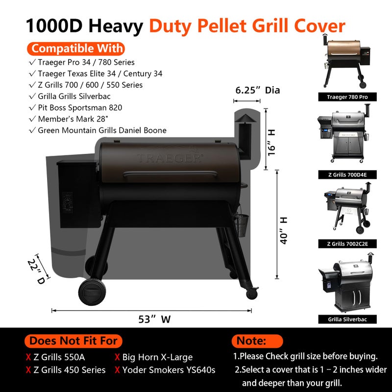 GuardKove [Upgraded 1000D Heavy Duty Fabric]Grill Cover for Traeger Pro 34/780 Series, Waterproof Wood Pellet Smoker Cover, Tear & Fade Resistant with Buckle,Zipper, for Treager Pro 34/780/Texas 34, Z Grills700 - Image 2