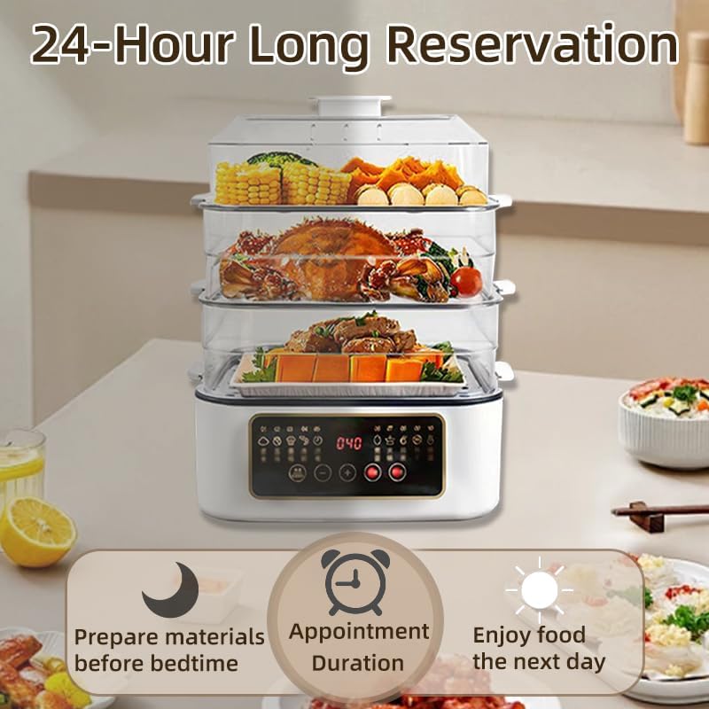 XVersion بخار طعام كهربائي 32 لتر، طباخ بخار ذو 3 طبقات مع مؤقت وإيقاف تلقائي، قاعدة قابلة للإزالة، بخار خضروات لطعام الأطفال، الإفطار والطهي الصحي (أبيض) - Image 3