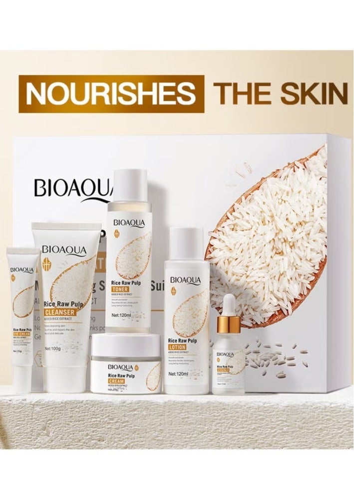 BIOAOUA Rice Puree Skin Care Set, Including Serum, Cleanser, Toner, Lotion, Eye Cream And Face Cream, Facial Care - Image 1