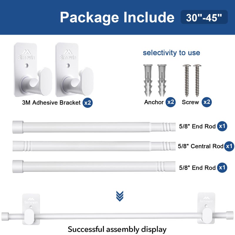 SIMEWIN Curtain Rods No Drilling for Windows 30 to 45 Inches,5/8 Inch Diameter No Drill Small Curtain Rod Set with 3M Adhesive Brackets,Not Suitable for Painted Walls, White - Image 5