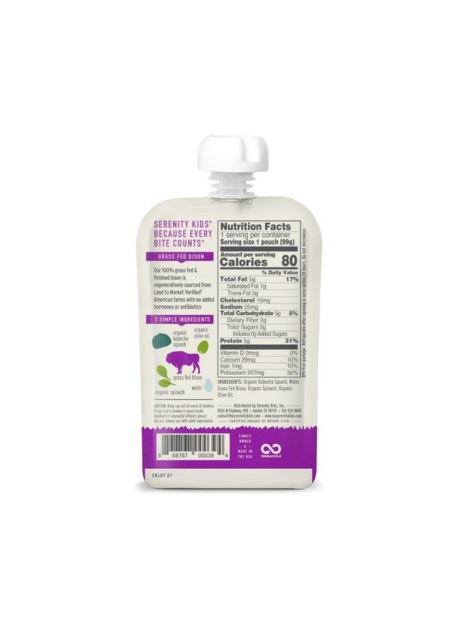 Serenity Kids 6+ Months Baby Food Pouches - Ethically Sourced Grass Fed Bison - Organic Kabocha Squash & Spinach Puree - 3.5 Oz BPA-Free - 6 Count - Image 1