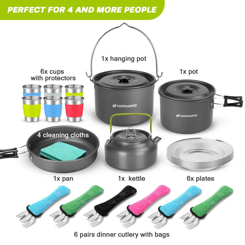 Odoland 39pcs Camping Cookware Mess Kit, Non-Stick Large Size Hanging Pot Pan Kettle with Base Dinner Cutlery Sets for 6 and More, Cups Dishes Forks Spoons Kit for Outdoor Camping Hiking Picnic - Image 2