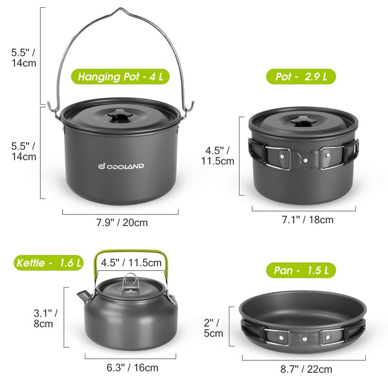 Odoland 39pcs Camping Cookware Mess Kit, Non-Stick Large Size Hanging Pot Pan Kettle with Base Dinner Cutlery Sets for 6 and More, Cups Dishes Forks Spoons Kit for Outdoor Camping Hiking Picnic - Image 4