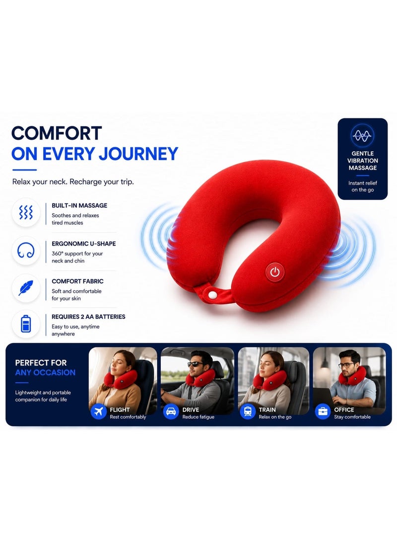 U-Shaped Neck Pillow with Vibration Massage for Travel & Office, Red - Image 3