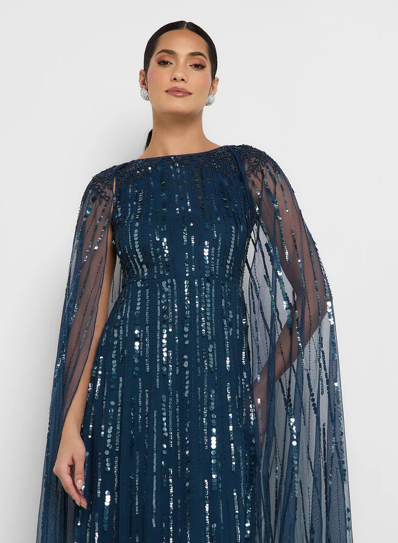 Amelia Rose Embellished Cape Sleeve Maxi Dress