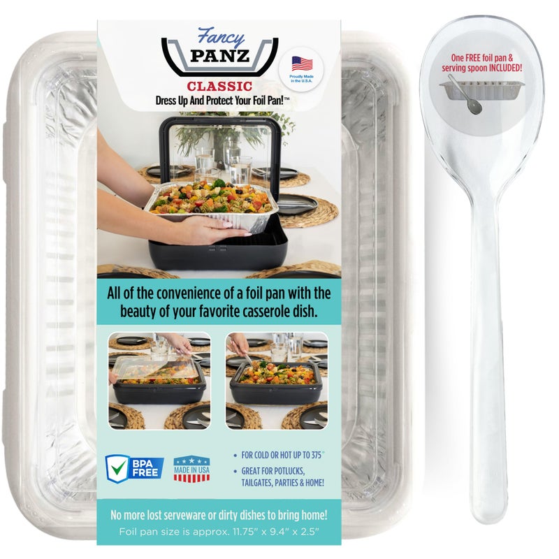 Fancy Panz Classic Pan, Dress Up & Protect Your Foil Pan, Made in USA, Fits Half Size Foil Pans. Half size Foil Pan & Serving Spoon Included. Hot or Cold Food. Stackable for easy travel. BPA free - Image 1