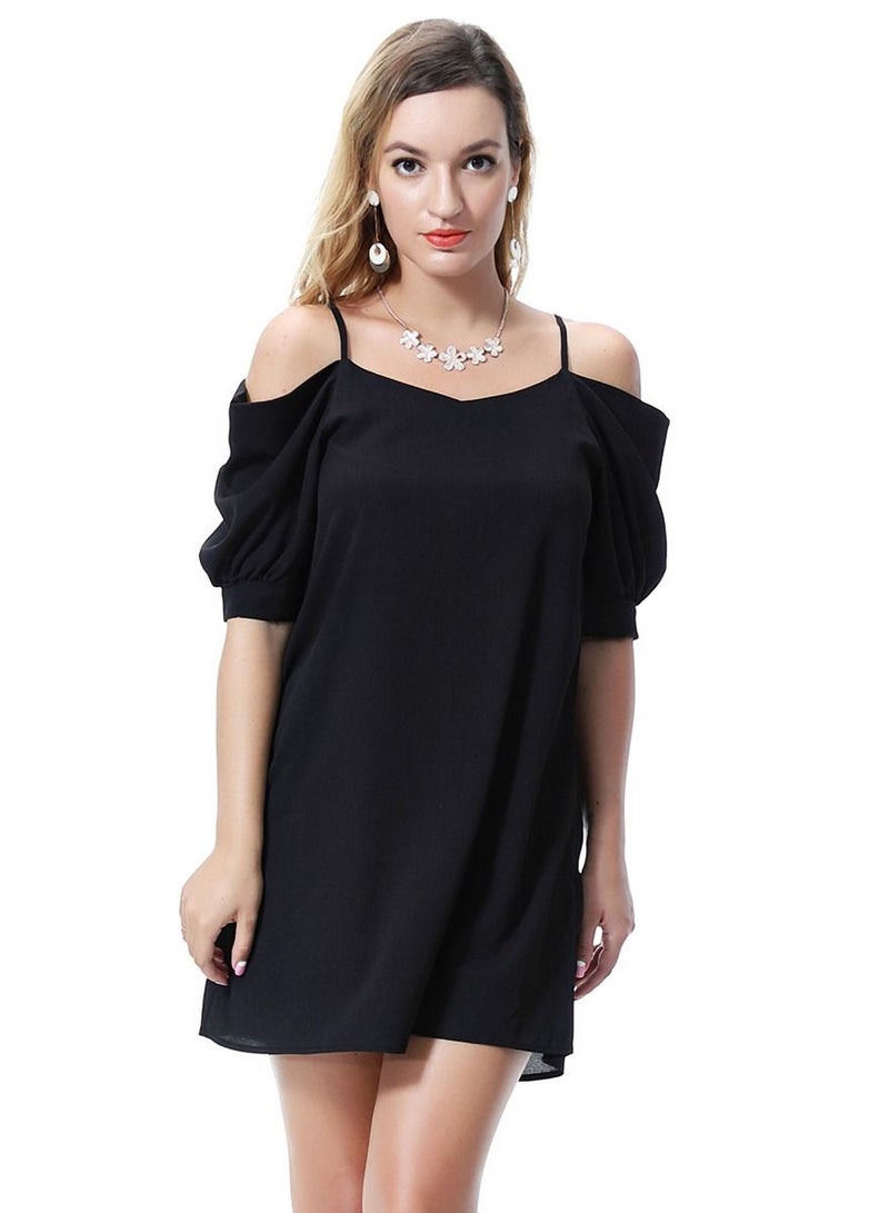Loquat Women's Solid Color Off-Shoulder Mini Slip Dress Black - Image 1