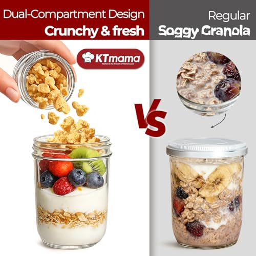 KTMAMA 16+4oz Glass Yogurt Parfait Cups with Lids, Reusable Containers with Dry & Wet Separation, Leak-Proof for Overnight Oats, Meal Prep, Portable to Work & School, Easy Clean 2 Pack (Pink+Green) - Image 4
