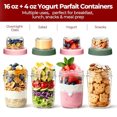 KTMAMA 16+4oz Glass Yogurt Parfait Cups with Lids, Reusable Containers with Dry & Wet Separation, Leak-Proof for Overnight Oats, Meal Prep, Portable to Work & School, Easy Clean 2 Pack (Pink+Green) - Image 5