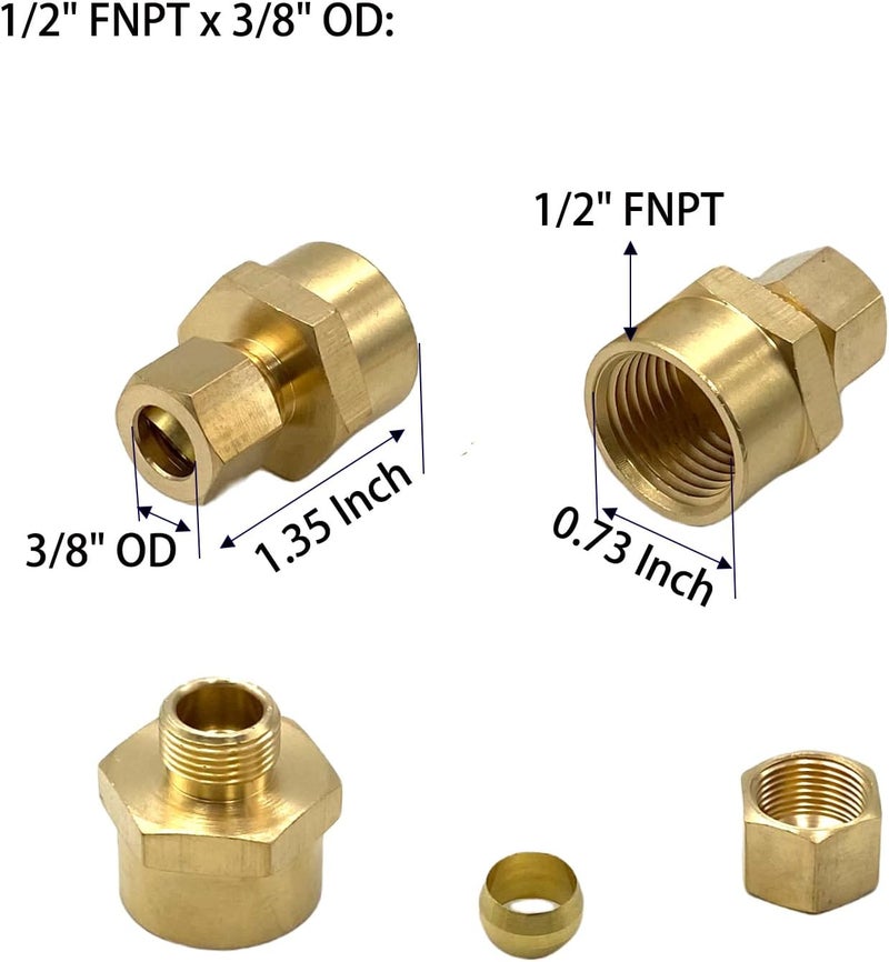 Bumugufu 3 Pcs 1/2" FNPT x 3/8" OD Compression Tube Pipe Fitting, 3/8" Tube OD to /2" Female Brass Pipe Fitting Adapters for Oil, Gas, and Non-potable Waters - Image 2