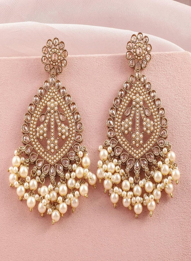 Rubans 18K Mehandi Gold-Plated Long Chandbali Earrings with Pearl Drops & Kundan Accents - Image 4