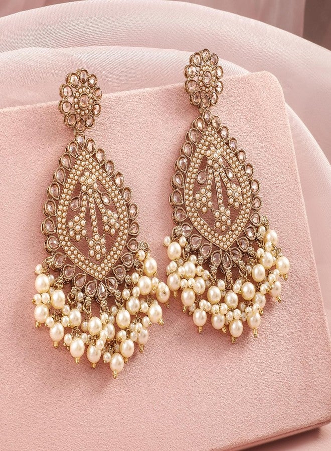 Rubans 18K Mehandi Gold-Plated Long Chandbali Earrings with Pearl Drops & Kundan Accents - Image 3