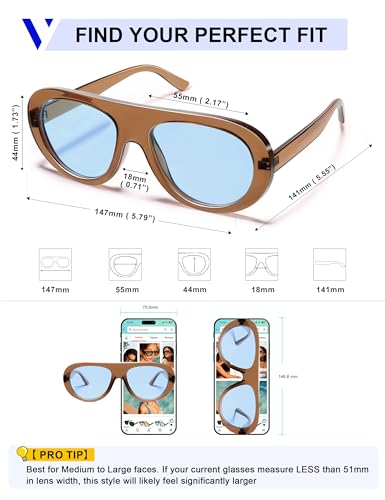 VANLINKER Retro Aviator Sunglasses for Women Chic Classic 70s Vintage Trendy 2026 Chunky Sun Glasses VL9865, Transparent Brown/Blue - Image 5