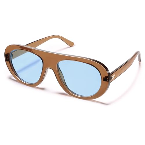VANLINKER Retro Aviator Sunglasses for Women Chic Classic 70s Vintage Trendy 2026 Chunky Sun Glasses VL9865, Transparent Brown/Blue - Image 3