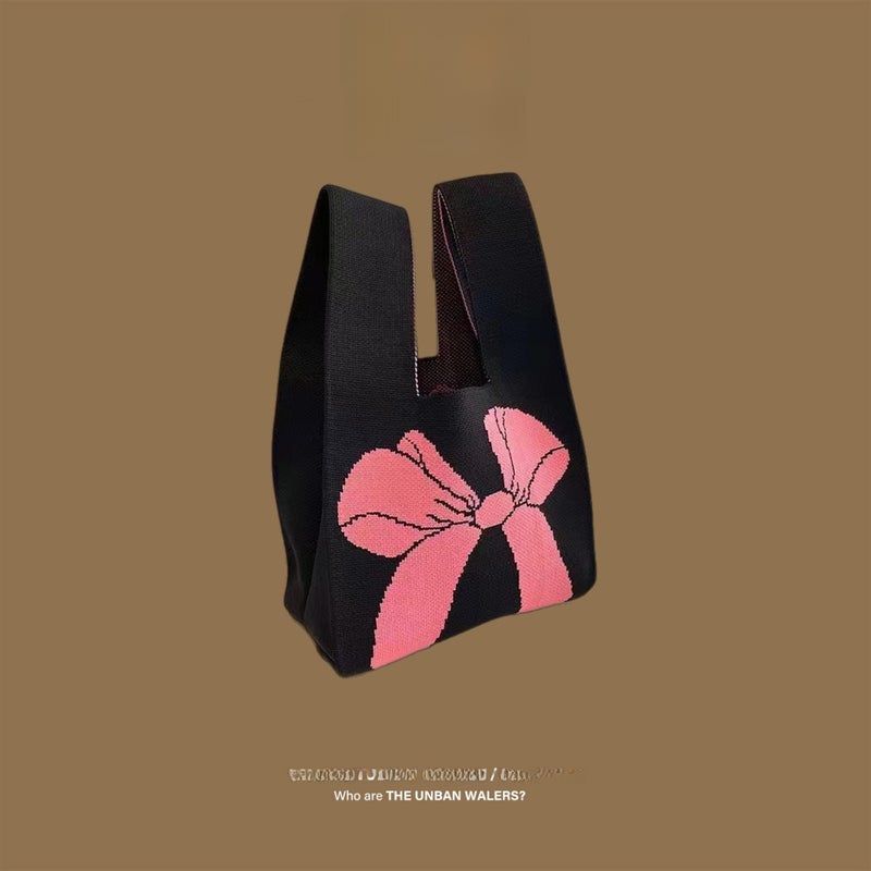 2024 Trendy Knitted Bucket Handbag Bow [Black Rose Red]] 