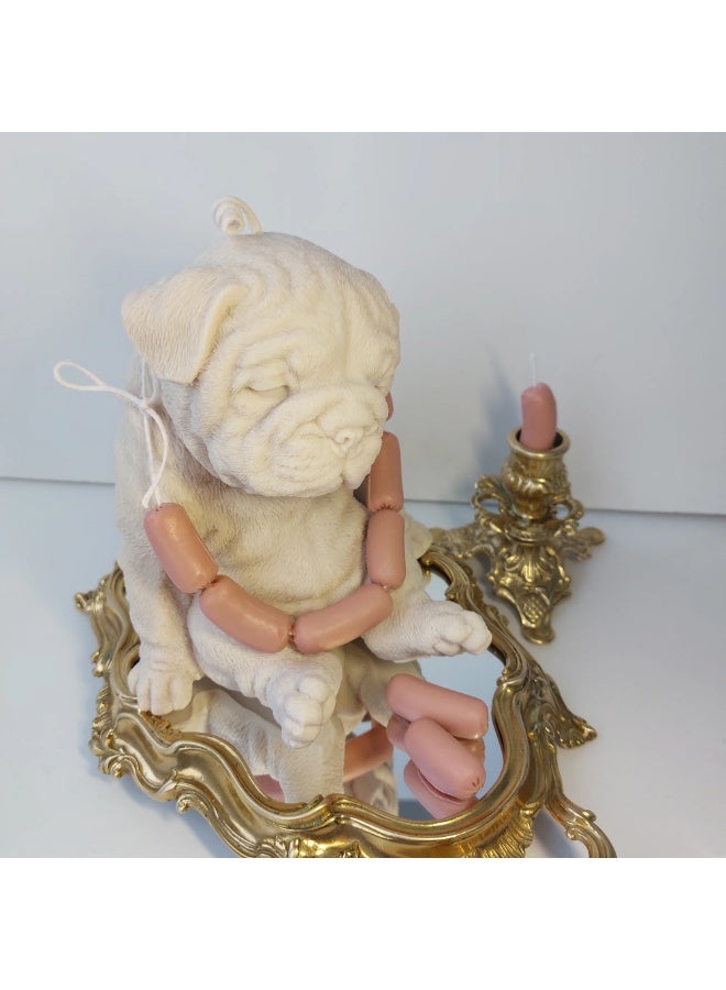 Pug with Sausages Candle – 100% Beeswax Decorative Dog Candle in Ivory & Pink, 13-Hour Burn Time, Scented Eco-Friendly Gift for Dog Lovers & Home Decor  - Image 1