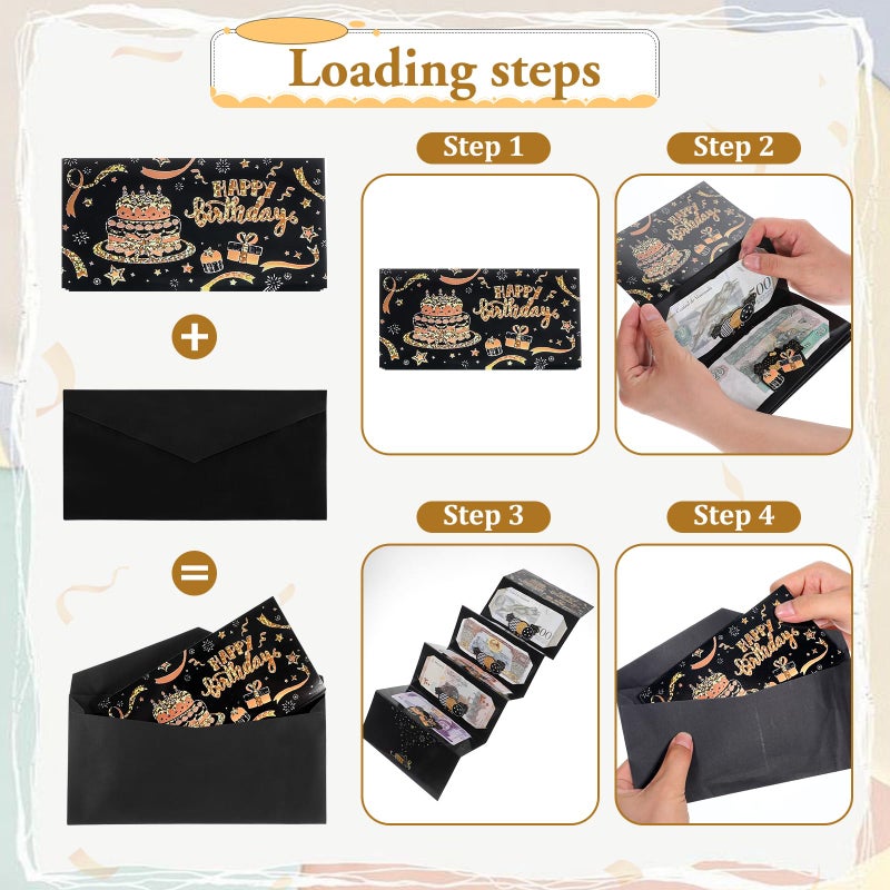 Ajcotahm Gift Envelopes for Cash Multi-fold Birthday Money Cards, Surprise Birthday Money Card Holder with 6 Slots Happy Birthdays Cards Party Supplies for Men Women Girls Boys(Black & Gold) - Image 3