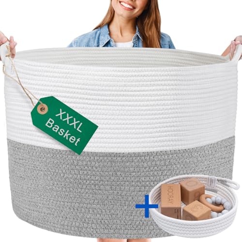 Huddle Supply Co XXXL WASHABLE Large Blanket Basket 85L 2PCs Handmade Decorative Woven Baskets for Storage - Soft Durable XXX Large Cotton Rope Blanket Storage for Living Room, Toys, Organizer 22" x 14" (Grey/White) - Image 1