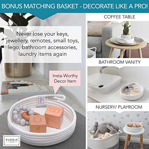 Huddle Supply Co XXXL WASHABLE Large Blanket Basket 85L 2PCs Handmade Decorative Woven Baskets for Storage - Soft Durable XXX Large Cotton Rope Blanket Storage for Living Room, Toys, Organizer 22" x 14" (Grey/White) - Image 3