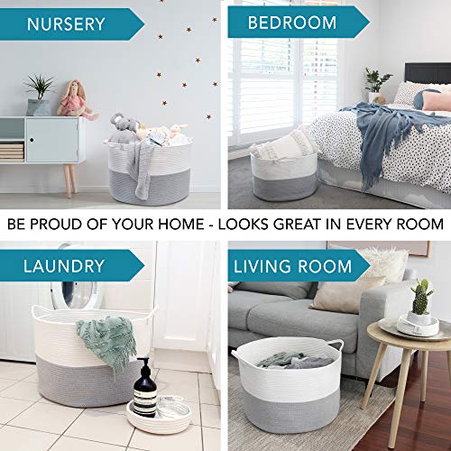 Huddle Supply Co XXXL WASHABLE Large Blanket Basket 85L 2PCs Handmade Decorative Woven Baskets for Storage - Soft Durable XXX Large Cotton Rope Blanket Storage for Living Room, Toys, Organizer 22" x 14" (Grey/White) - Image 4
