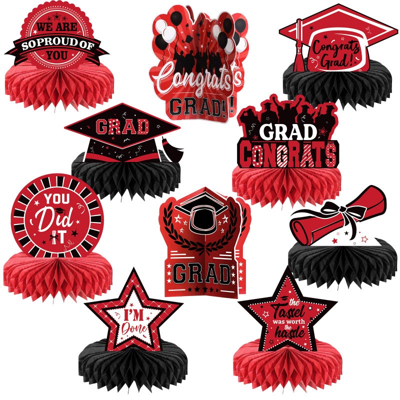 Yisong 10 Pcs Red Graduation Table Decorations 2026 Graduation Centerpieces for Tables Class of 2026 Congrats Grad Honeycomb Centerpieces Grad Table Toppers for Party Supplies - Image 3