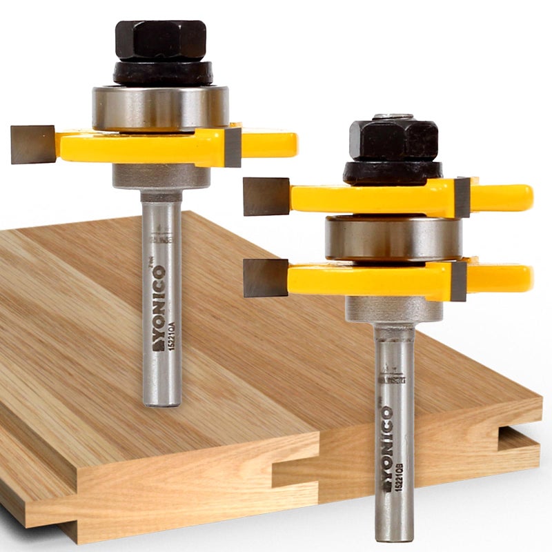 YONICO Tongue and Groove Router Bits Set Up to 34Inch Stock 12 Cutting Depth 2 Bit Set 14Inch Shank for EdgetoEdge Hardwood Flooring Paneling Cabinet Door Plywood Sheathing 15221q