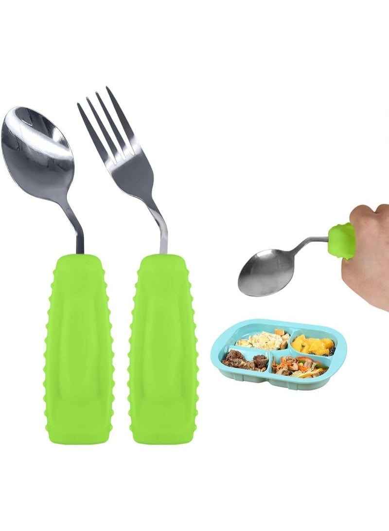 Ehucon Adaptive Utensils  Easy to Hold for Independent Eating, Weighted Utensils for Hand Tremors (right hand, fork+spoon, green) - Image 1