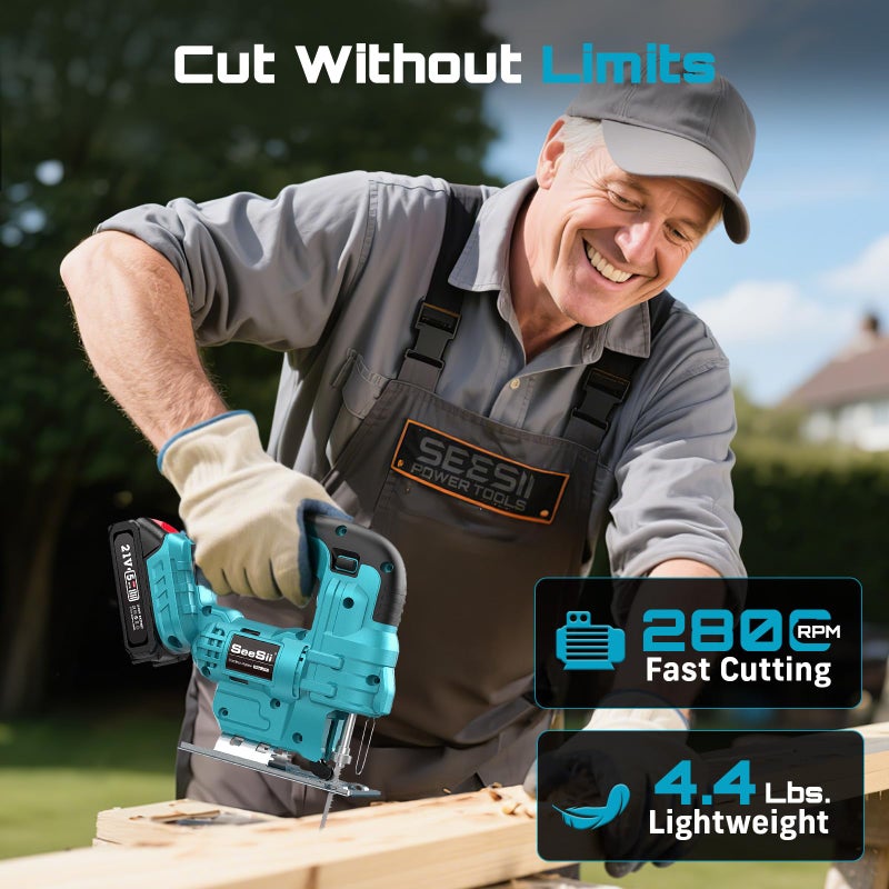 Seesii Cordless Jig Saw 21V  Electric Jigsaw Tool With 2? 2.0Ah Batteries  2800Rpm Variable Speed For Wood Cutting  0-45 Bevel Cuts  Led Light  4 Orbital Settings For Straight/Curve/Circle Cutting - Image 2