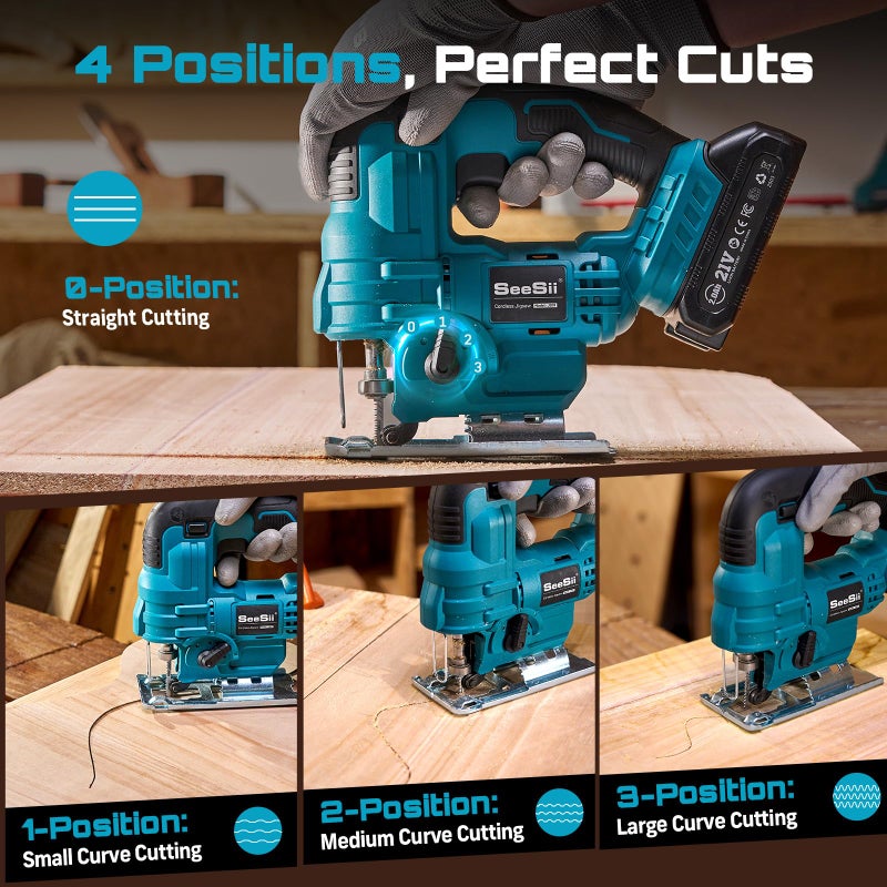 Seesii Cordless Jig Saw 21V  Electric Jigsaw Tool With 2? 2.0Ah Batteries  2800Rpm Variable Speed For Wood Cutting  0-45 Bevel Cuts  Led Light  4 Orbital Settings For Straight/Curve/Circle Cutting - Image 4