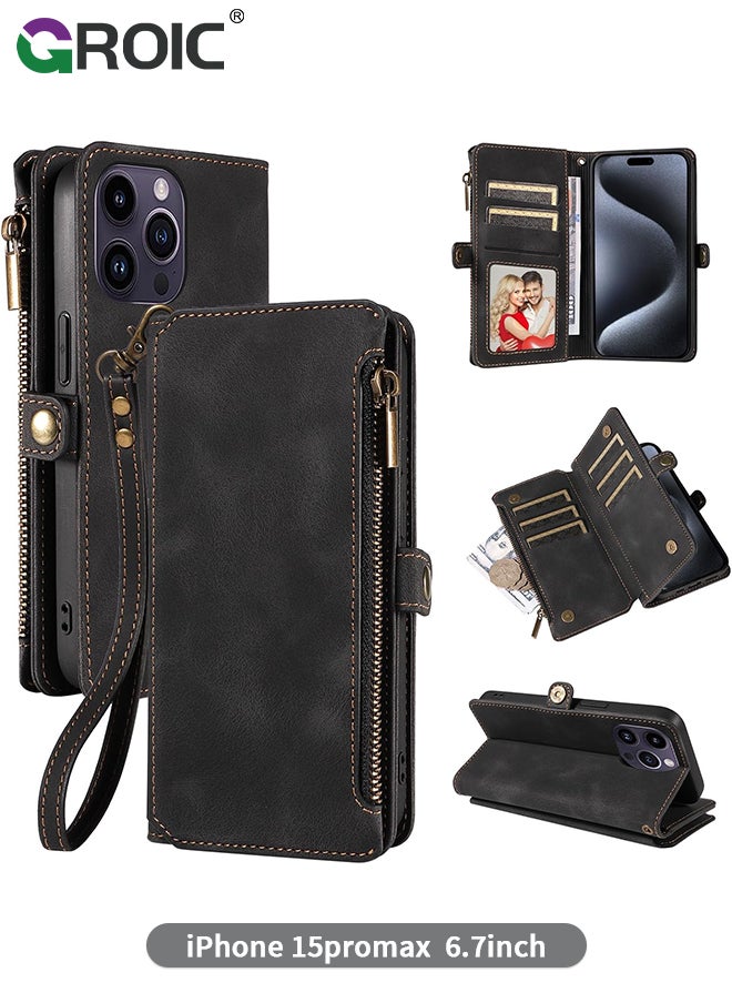 GROIC Black Wallet Case Compatible for iPhone 15 Pro Max, Flip Leather Case with Removable Wristlet Strap and 9 Card Holder, RFID Blocking Magnetic Closure Case with Zipper  - Image 1