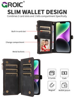 GROIC Black Wallet Case Compatible for iPhone 15 Pro Max, Flip Leather Case with Removable Wristlet Strap and 9 Card Holder, RFID Blocking Magnetic Closure Case with Zipper  - Image 5