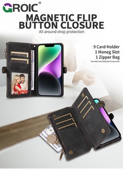 GROIC Black Wallet Case Compatible for iPhone 15 Pro Max, Flip Leather Case with Removable Wristlet Strap and 9 Card Holder, RFID Blocking Magnetic Closure Case with Zipper  - Image 3