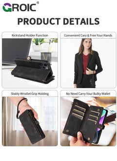GROIC Black Wallet Case Compatible for iPhone 15 Pro Max, Flip Leather Case with Removable Wristlet Strap and 9 Card Holder, RFID Blocking Magnetic Closure Case with Zipper  - Image 4