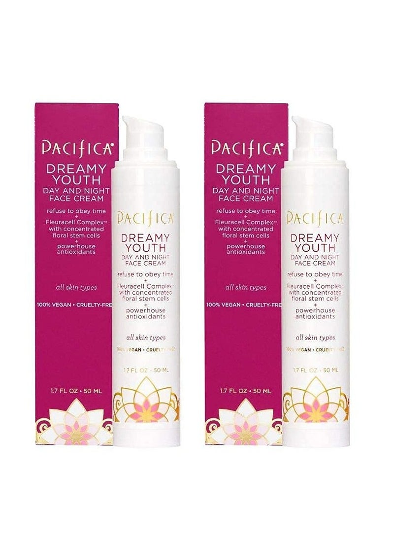 Pacifica Pacifica Beauty Dreamy Youth Day and Night Face Cream - 1.7 Fl Oz (Pack of 2)- Moisturizer - For Dry and Aging Skin - Peptides, Grapeseed Oil, Floral Stem Cells - Sulfate + Paraben Free - Vegan and Cruelty Free 