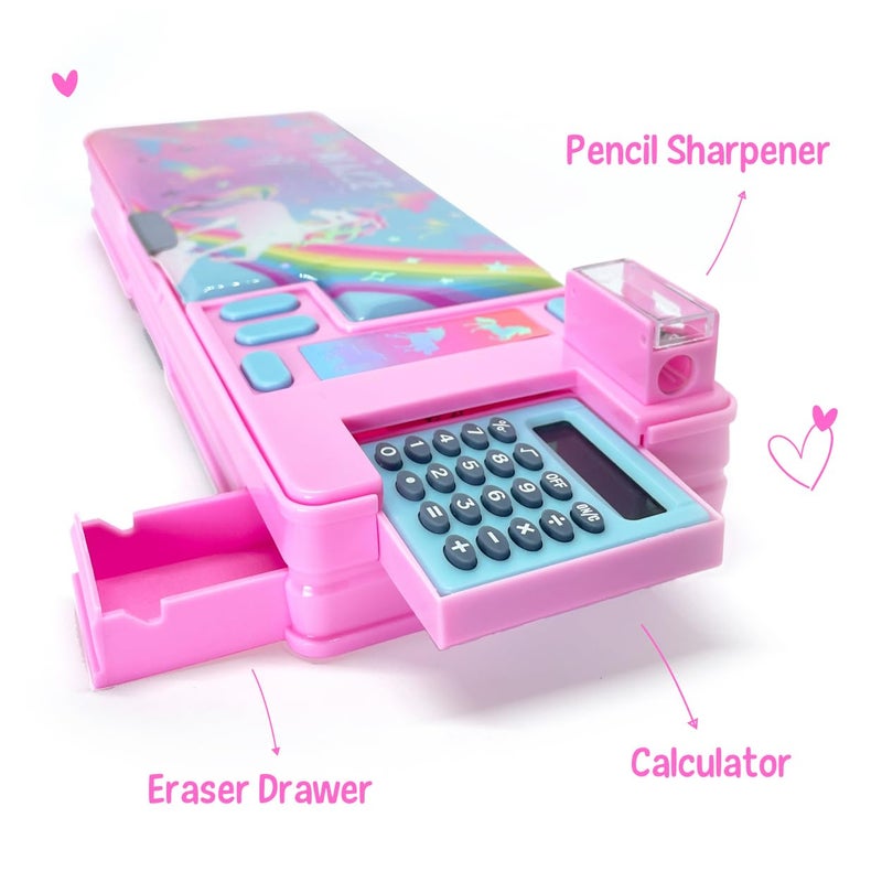 Hot Focus Unicorn Pencil Case â€“ Multifunction Mechanical Pencil Box for Girls, 2 Compartments w/Pop-Out Calculator & Sharpener, Stationery Set, Perfect Stationery Gift for Kids & Teens (Unicorn) - Image 3