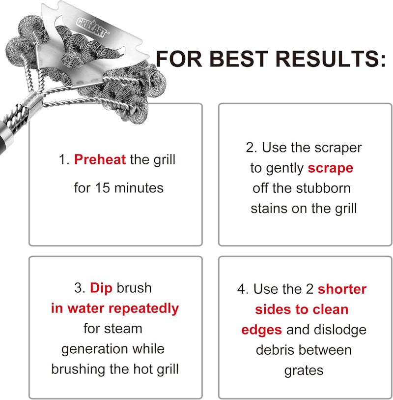 GRILLART فرشاة شواء للشواء الخارجي خالية من الشعيرات - فرشاة تنظيف شواء BBQ آمنة - فرشاة شواء بطول 17 بوصة لمجموعة تنظيف الشواء - فرشاة تنظيف شواء من الفولاذ المقاوم للصدأ أدوات ملحقات الشواء - هدايا للرجال والأب - Image 5
